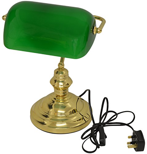 Hausen 60W Bankers Desk Lamp Polished Brass with Green Glass Swivel Head